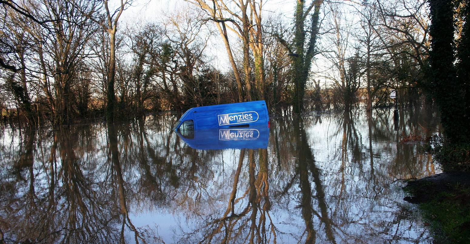 Lonely van floats in flooding in Nether Poppleton, England, United Kingdom, on 27/12/2015.