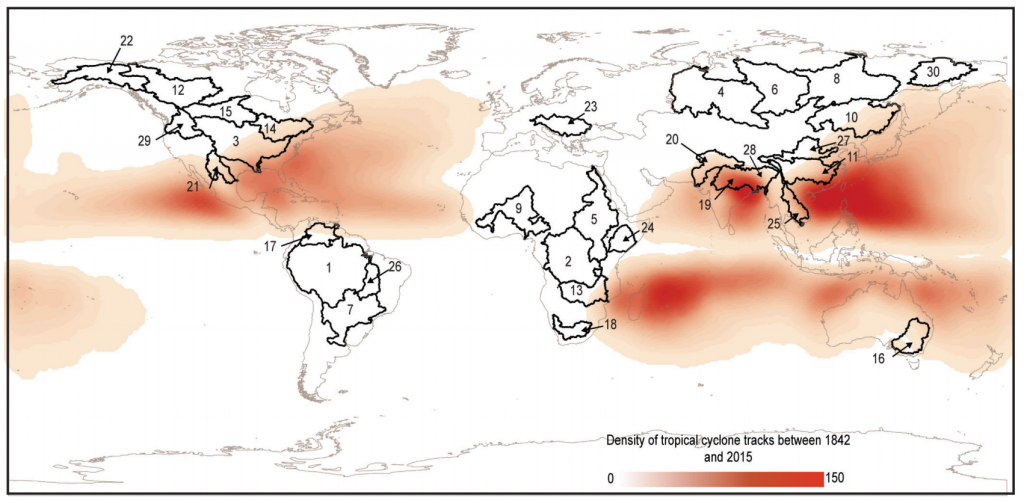 Locations of the world’s 30 largest rivers (numbers show ranking by size of drainage area). Red shading shows the concentration of all tropical cyclone tracks between 1842 and 2015. Source: Darby et al. (2016)