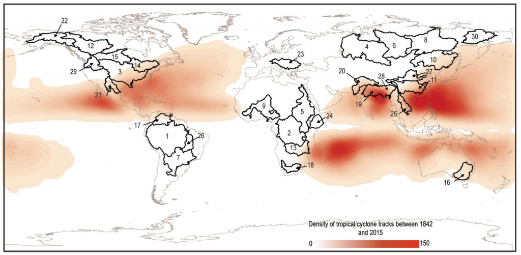 Locations of the world’s 30 largest rivers (numbers show ranking by size of drainage area). Red shading shows the concentration of all tropical cyclone tracks between 1842 and 2015. Source: Darby et al. (2016) 