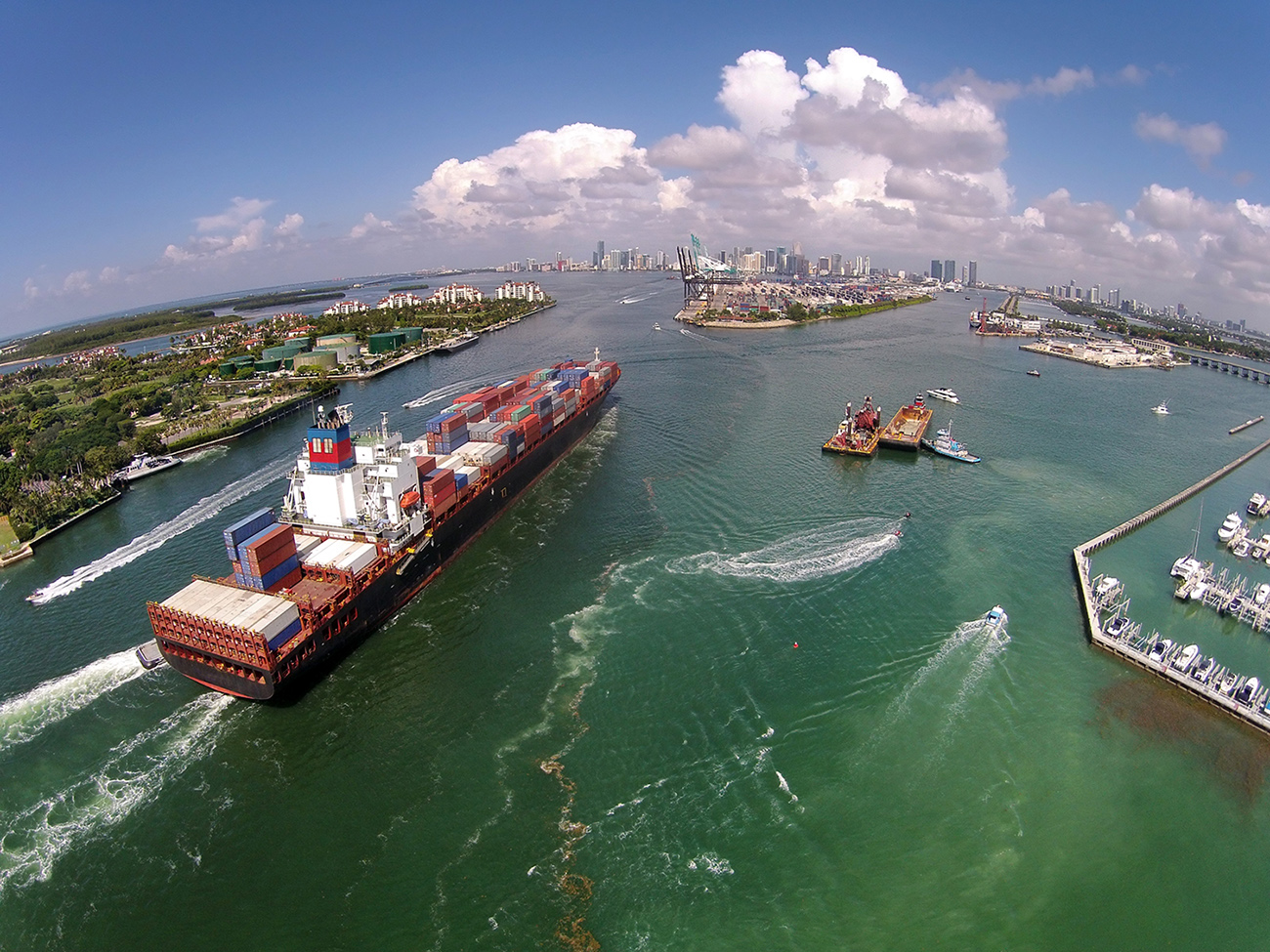 Cargo ship enters the port of Miami, Florida.