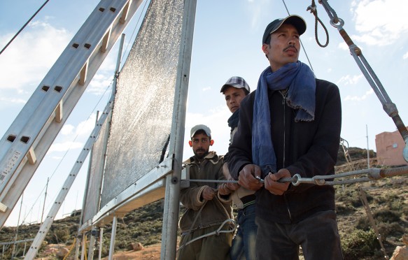 Building nets to harvest water from fog