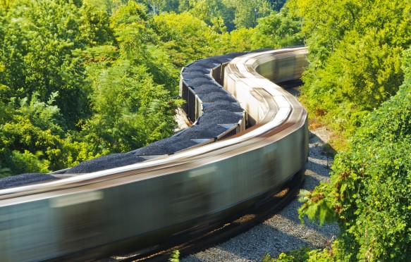 Stationary coal train is passed by a freight train , Virginia, US