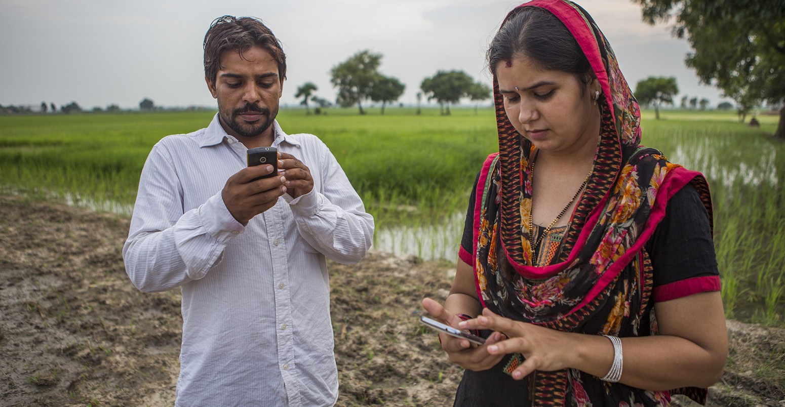 Farmers receive updates on climate smart practices on their phones, as part of an adaptation project in Karnal, India