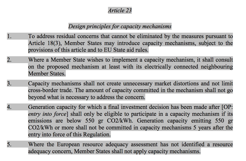 Extract of new EU regulations, setting out the new design for capacity mechanisms. Source: Regulation of the European Parliament and of the Council on the internal market for electricity 