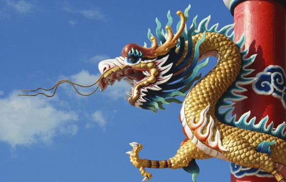 Sculpture of Chinese dragon on building