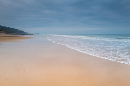 Overstrand beach looking toward Cromer on the North Norfolk coastline, England UK