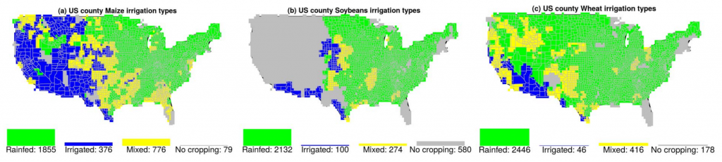 Methods of crop management for US counties, showing rainfed (green shading), irrigated (blue), mixed (yellow) and no crops grown (grey). Maps are for a) maize, b) soybean and c) wheat. Source: Schauberger et al. (2017) 