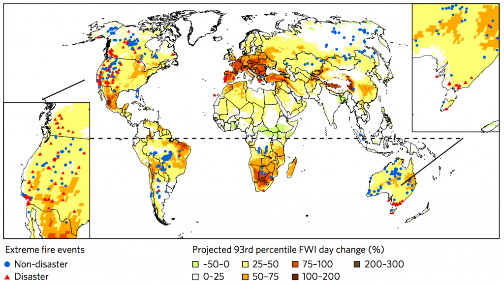 Projected changes in the number of days exceeding the 93rd percentile of the Fire Weather Index (FWI) by the mid 21st century (2041-2070) under a high emissions scenario (RCP8.5). Dark red shading indicates the largest increases, while the pale green 