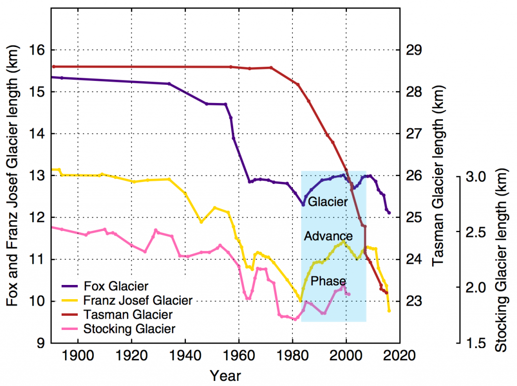 Historic length changes for four glaciers in New Zealand: Fox (purple line), Franz Josef (yellow), Tasman (red) and Stocking (pink). The blue shaded box highlights the recent phase of glacier advance. Source: Mackintosh et al. (2017) 