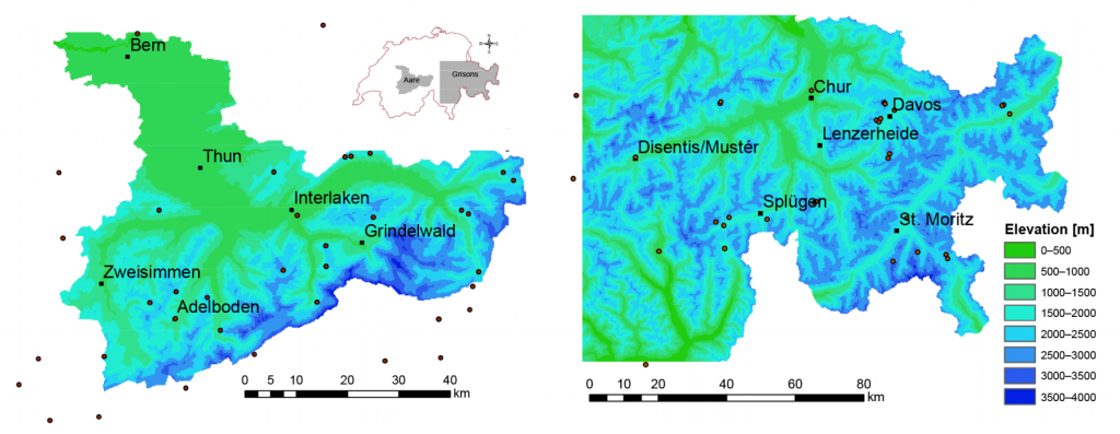 Location and elevations in the Aare (left) and the Grisons region (right). Elevations are shaded blue for high and green for low. The dots mark the weather stations used in the study. Source: Marty et al. (2017)