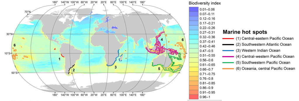 Map of global marine biodiversity, using an index from zero (no species present, shaded dark blue) up to one (largest species richness, shaded red) representing 2,183 marine species. Map also shows the six marine “hotspots” identified in the study. Source: Ramírez et al. (2017)