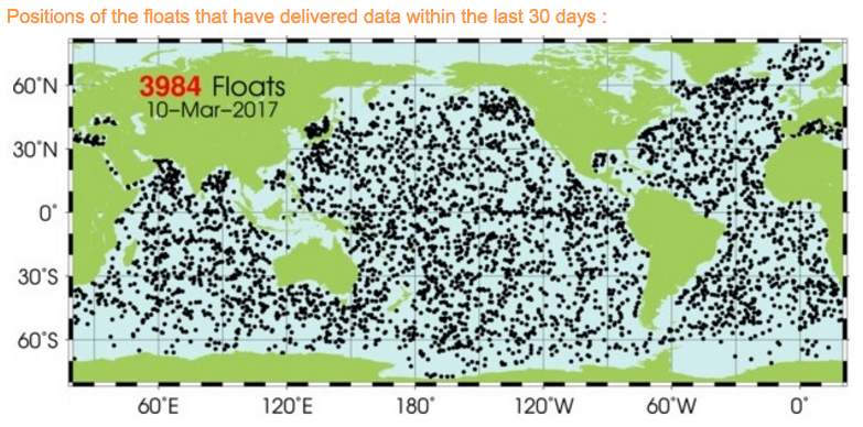 Map showing the global coverage of the ARGO network and positions of floats that have delivered data within the last 30 days. Source: ARGO 