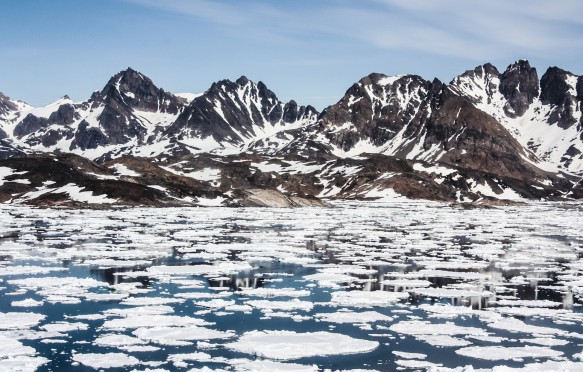Sea ice breaking up in spring, near Kulusuk, Greenland.