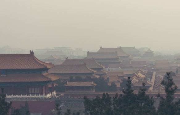 Smog over the Forbidden City in Beijing, China.