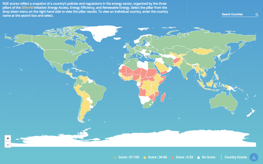 How different parts of the world score with respect to energy access, energy efficiency and renewable energy. Green is high, yellow is medium, red is low. Source: RISE: Regulatory Indicators for Sustainable Energy