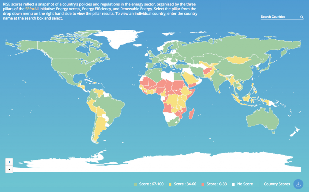 How different parts of the world score with respect to energy access, energy efficiency and renewable energy. Green is high, yellow is medium, red is low. Source: RISE: Regulatory Indicators for Sustainable Energy 