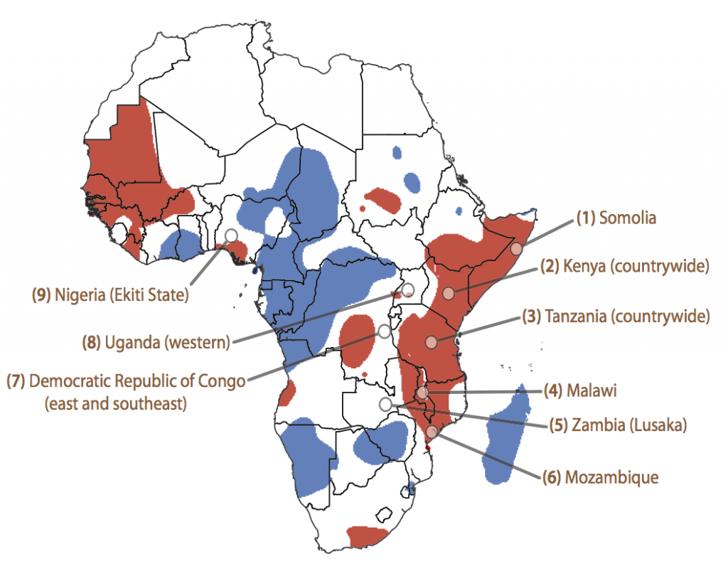 Changes in cholera incidence across Africa during an El Niño event. Shading indicates areas that tend to see an increase (red) or decrease (blue) in cholera cases. Source: Moore et al. (2017) 