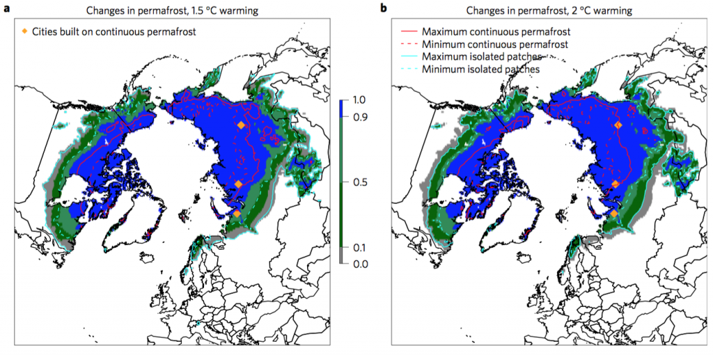 Changes in permafrost extent under future warming. Shaded areas show historical distribution (1960–1990), with the scale from grey to blue indicating an increasing high permafrost fraction. Contours show the permafrost boundary with 1.5C (left) and 2C (right) of warming. Source: Chadburn et al., (2017) 