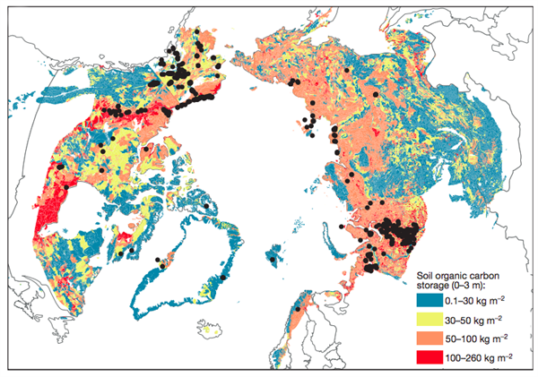 Map indicating the amount of carbon in the top three metres of permafrost soils. Reds and orange areas contain, located across much of Siberia and Canada, contain most carbon. Source: Shuur et al., (2015) 