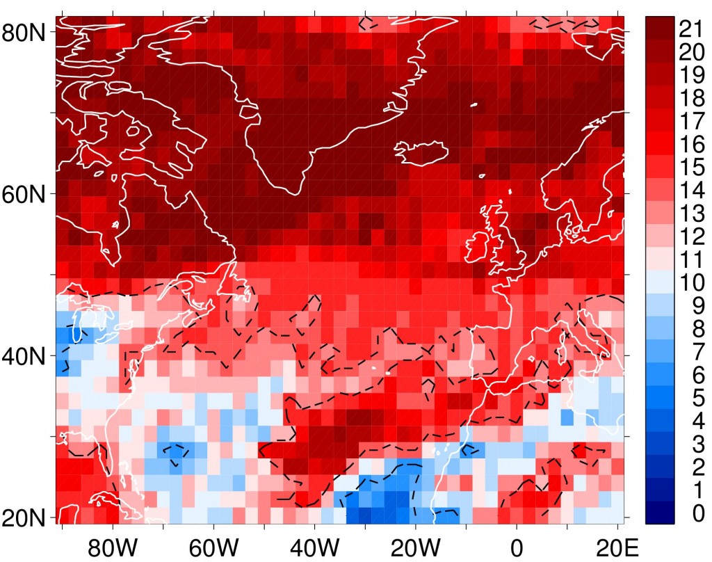 The number of clear-air turbulence models (out of 21 studied) to show an increase (red shading) or decrease (blue) in the amount of light-or-greater turbulence over the North Atlantic in winter when the CO2 level is doubled. Source: Williams (2017).