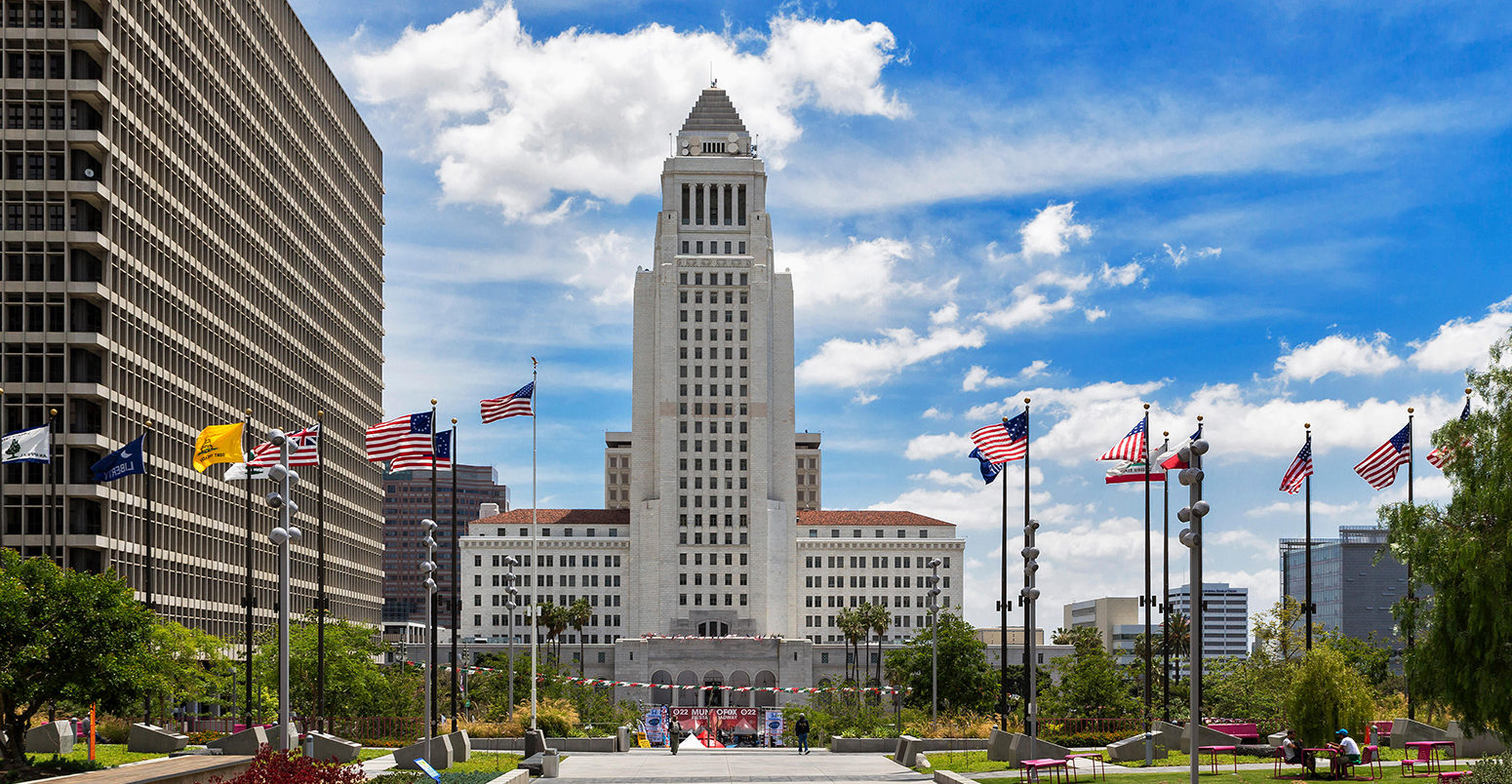 USA, California, Los Angeles, Grand Park and Los Angeles City Hall