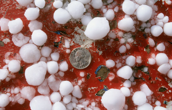 US quarter with .75 (golfball) inch size hail stones from severe thunderstorm near Coolidge Arizon