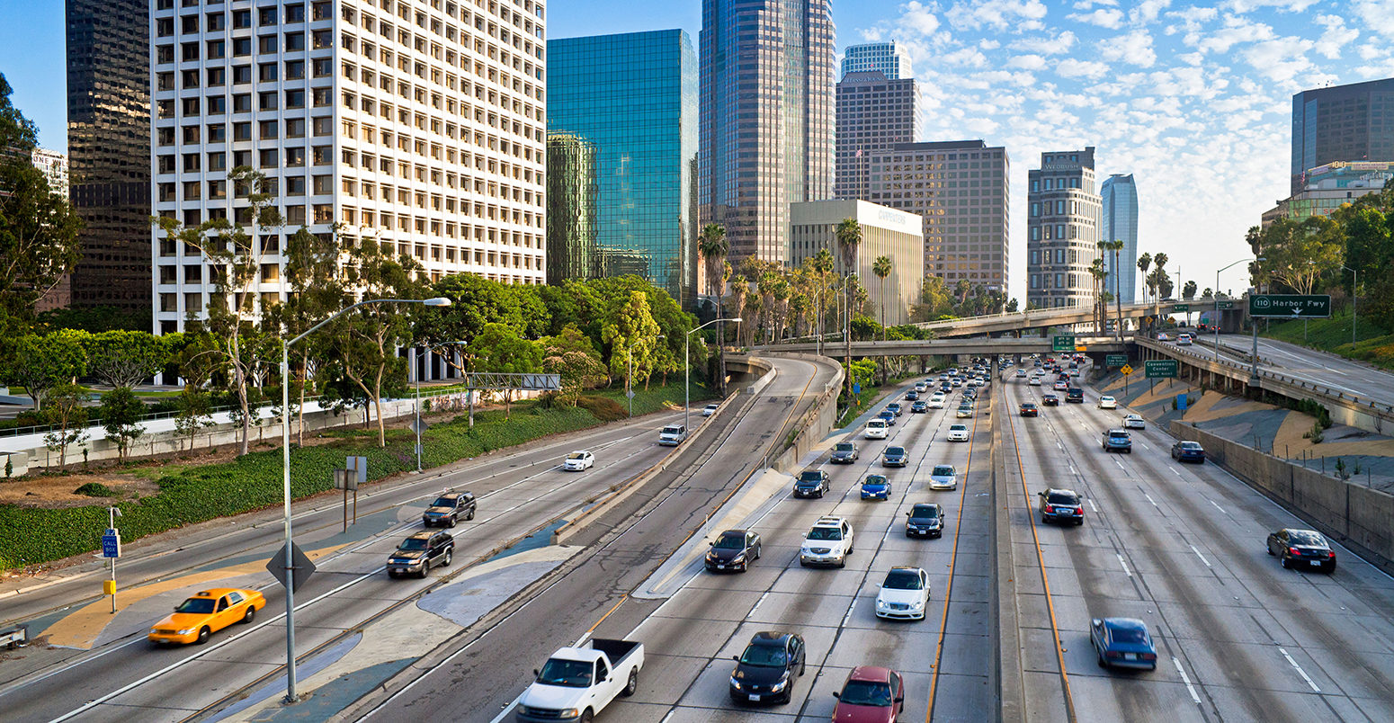 The 110 Harbour Freeway and Downtown Los Angeles skyline, California, United States of America, North America