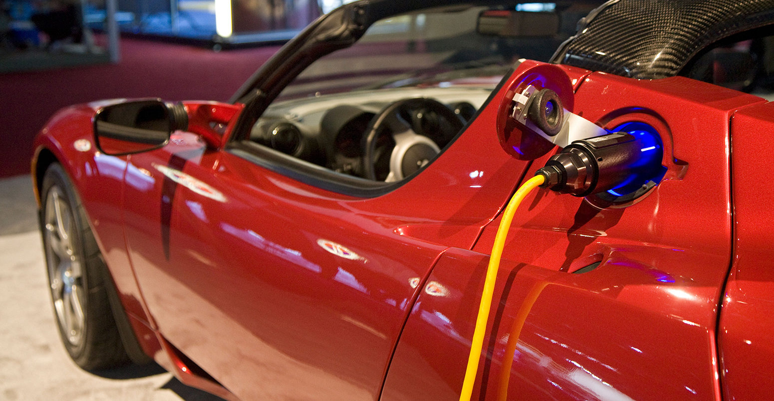 B7553C Detroit Michigan The Tesla Roadster electric vehicle on display at the North American International Auto Show