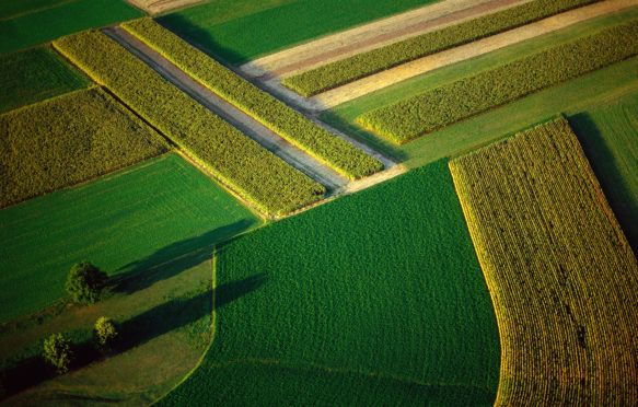 D6HBM5 Aerial view of lush Lancaster County, Pennsylvania, farmland, home to the Amish, prolific farmers.