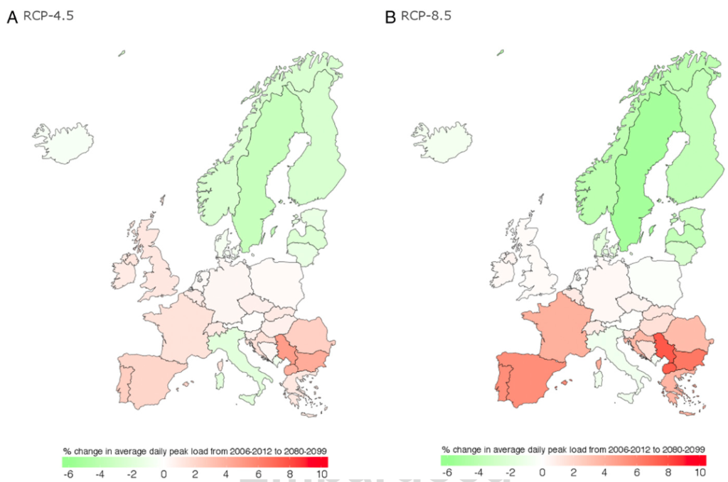 Change (%) in average daily peak demand from 2006–2012 to 2080–2099 for projected daily maximum temperatures under RCP4.5 (A) and RCP8.5 (B). The study keeps all factors other than climate change impacts constant. Source: Wenza et al. (2017)