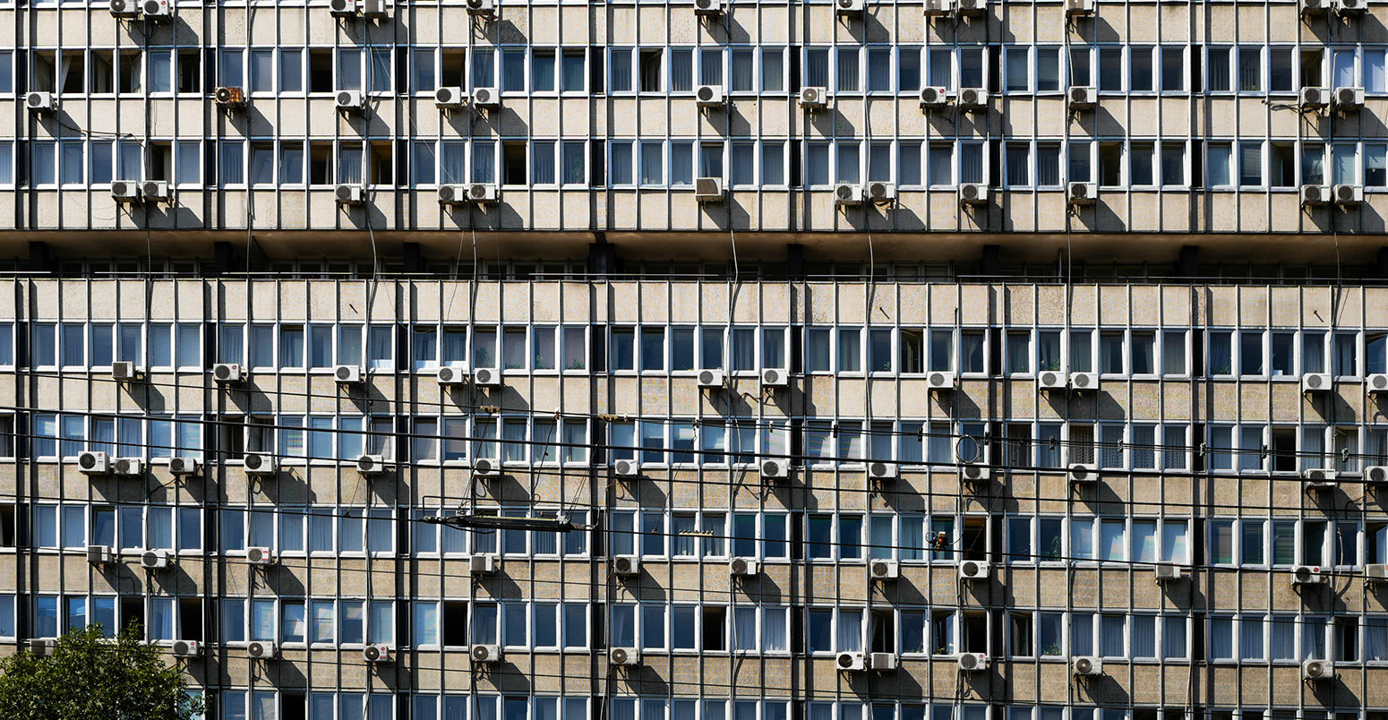 GDJA5F High rise public building exterior with air conditioning units in Belgrade Serbia. Image shot 07/2016.