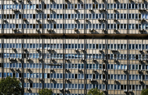 GDJA5F High rise public building exterior with air conditioning units in Belgrade Serbia. Image shot 07/2016.