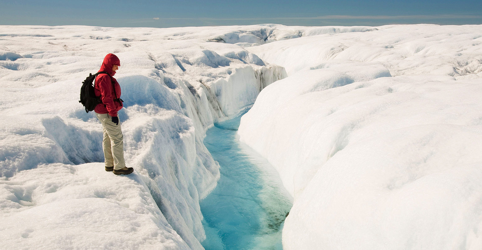 Melt water on the Greenland ice sheet near camp Victor north of Ilulissat