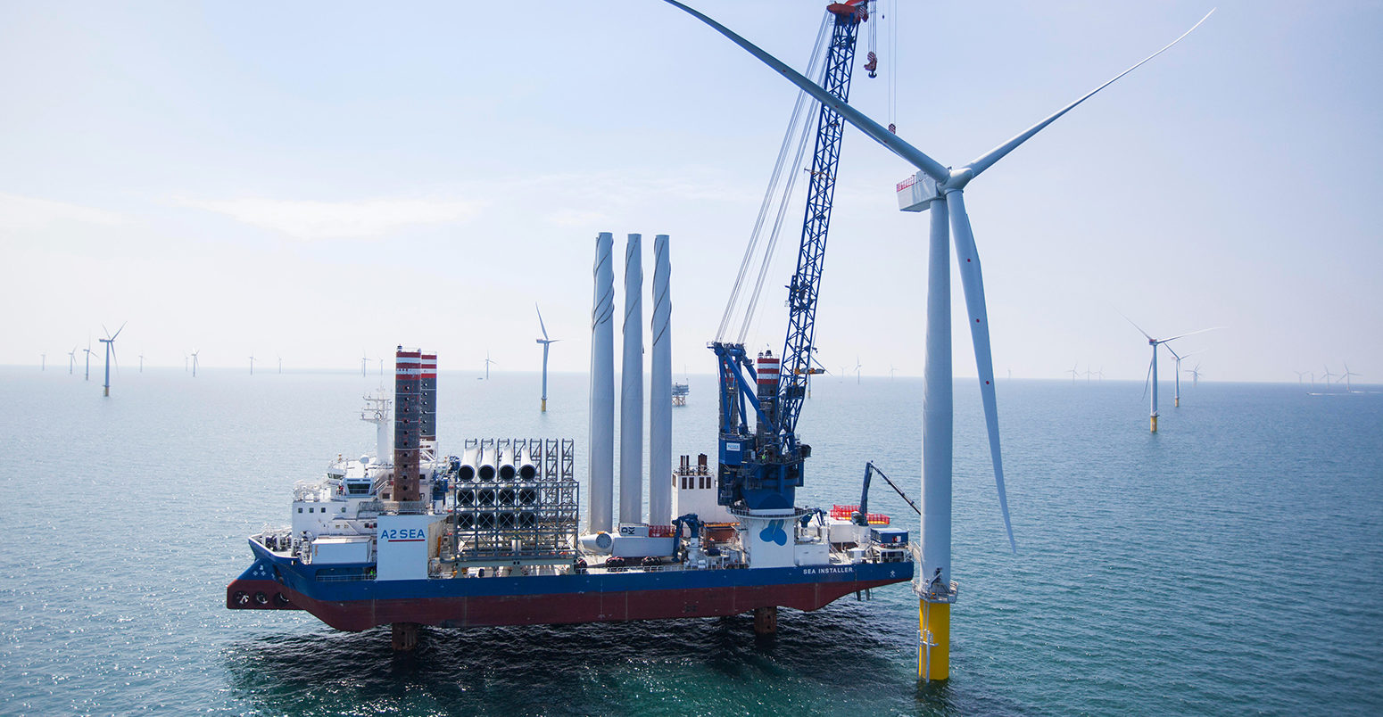 Part of the Scottish Power West of Duddon Sands Offshore wind farm under construction in the Irish Sea off the coast of Cumbria,. Image shot 2014. Exact date unknown.