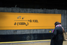 One of 42 panels displayed throughout the Gare du Nord metro station in Paris, honouring Syukuro Manabe and his contributions to climate science, to mark the COP21 UN climate change conference in 2015. The equations were used by Manabe in his seminal climate model in the late 1960s.
Credit: NOAA/Rory O'Connor.