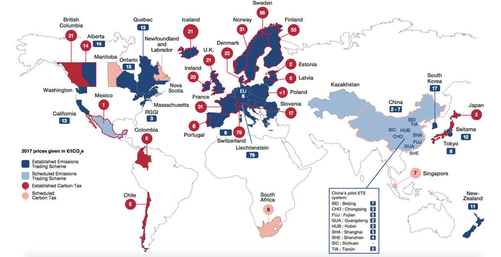 Map of explicit carbon prices around the world in 2017