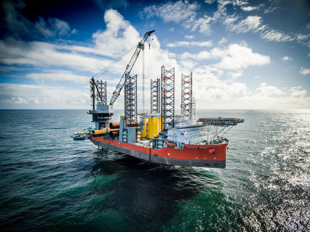 The construction of Sandbank offshore windfarm. Credit: Vattenfall.