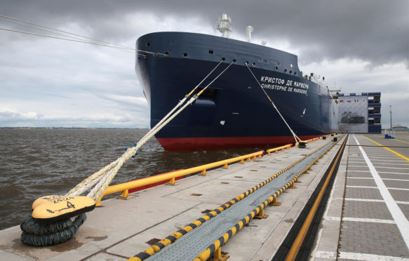 Arctic tanker Christophe de Margerie, at St Petersburg's Bronka Port, the world's first ice-breaking LNG tanker, designed to serve Russia's Yamal LNG project. Credit: ITAR-TASS News Agency / Alamy Stock Photo J9TEJP