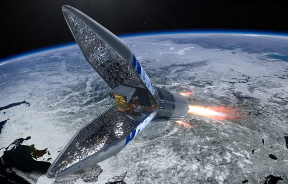 Artist's view of Sentinel-5P inside Rockot fairing.