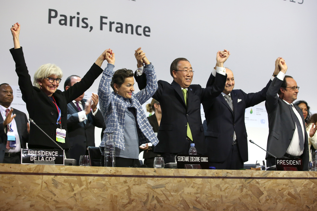 Members of COP 21 celebrate the adoption of the Paris Agreement, 12 December 2015. Credit: IISD/ENB | Kiara Worth