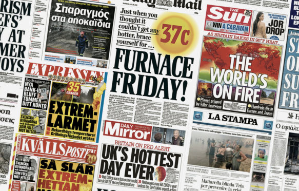 Collage of global newspaper front pages covering the 2018 summer heatwave
