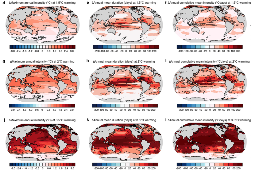 maps showing The expected changes to maximum temperature (left), length (middle) and mean intensity (right) of marine heatwaves under 1.5C (top), 2C (middle) and 3.5C (bottom) of global warming. Dark red is used to show large increases while white shows little to no change. Source: Frölicher et al. (2018) 