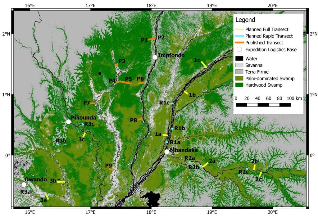 Plan des trois expéditions principales que les chercheurs vont entreprendre, étiqueté 1 à 3. Sur la carte, les tourbières sont indiquées en vert, le jaune et le bleu montrent les sites où on prélèvera de nouveaux échantillons et l'orange montre les sites où on a déjà prélevé des échantillons en République du Congo. Crédit: Greta Dargie