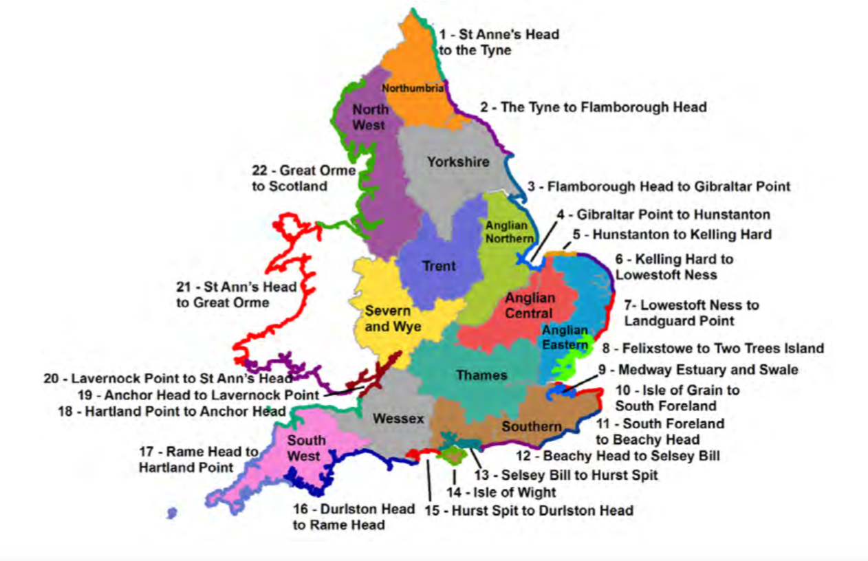 Mao of England and Wales showing Shoreline Management Plan areas in England and Wales. Source: CCC, using Environment Agency data.