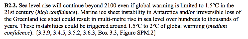Sea level rise will continue beyond 2100 even if global warming is limited to 1.5C in the 21st century (high confidence). Marine ice sheet instability in Antarctica and/or irreversible loss of the Greenland ice sheet could result in multi-metre rise in sea level over hundreds of thousands of years. These instabilities could be triggered around 1.5C to 2C of global warming (medium confidence).