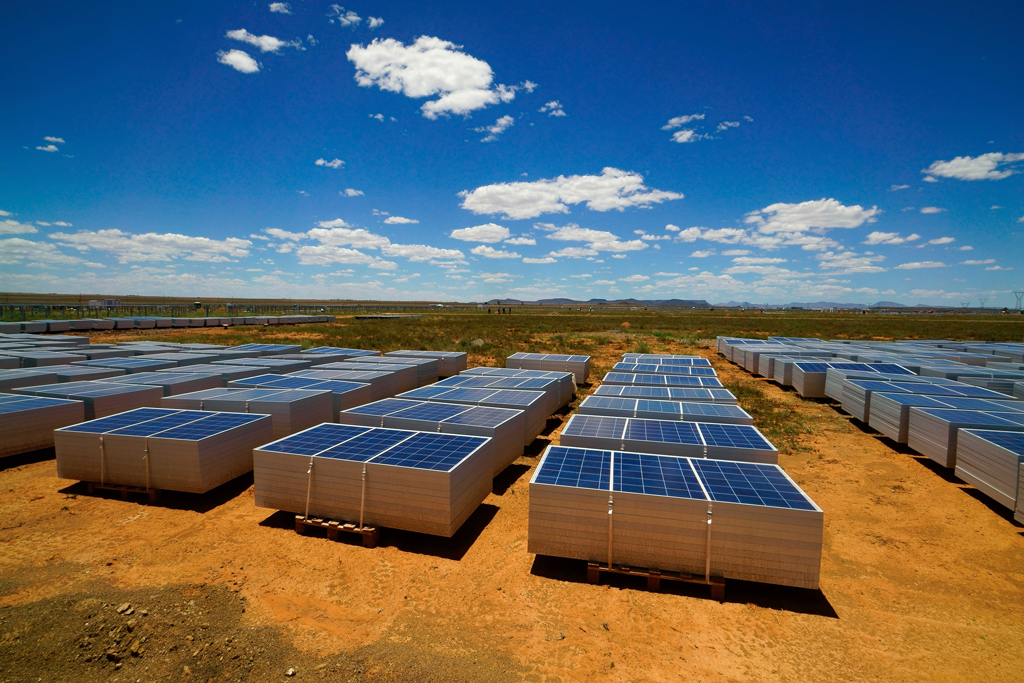 Piles of solar photovoltaic cells in semi-desert near Hanover, Northern Cape, South Africa 