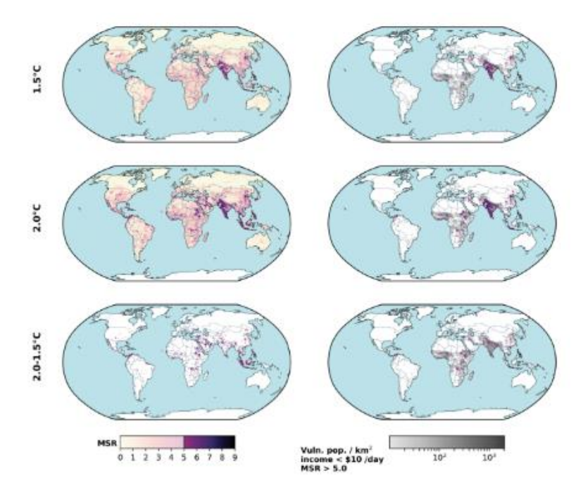 6 maps showing Distribution of “multi-sector risks” from climate change (left; low to high, white to dark purple) and vulnerable populations (right; low to high, white to black) under 1.5C, 2C and locations where 2C brings impacts not experienced at 1.5C. Source: IPCC