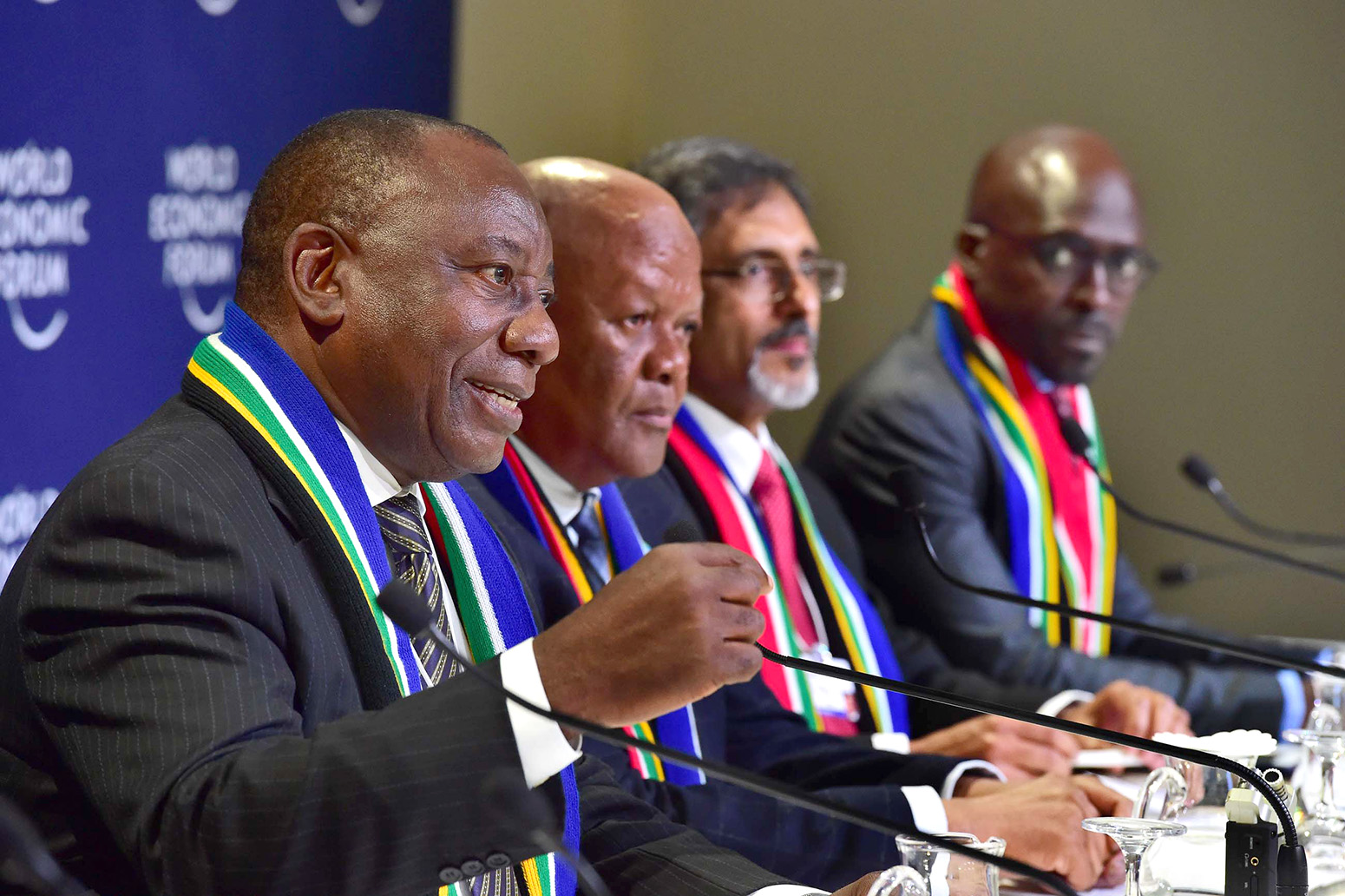 Deputy President Cyril Ramaphosa joined flanked by Ministers Rob Davies, Jeff Radebe, Ebrahim Patel and Melusi Gigaba addressing a media conference at the end of his engagements at the World Economic Forum 2018 Annual Meeting in Davos, Switzerland. 25 Jan 2018. Credit: Elmond Jiyane/GCIS.