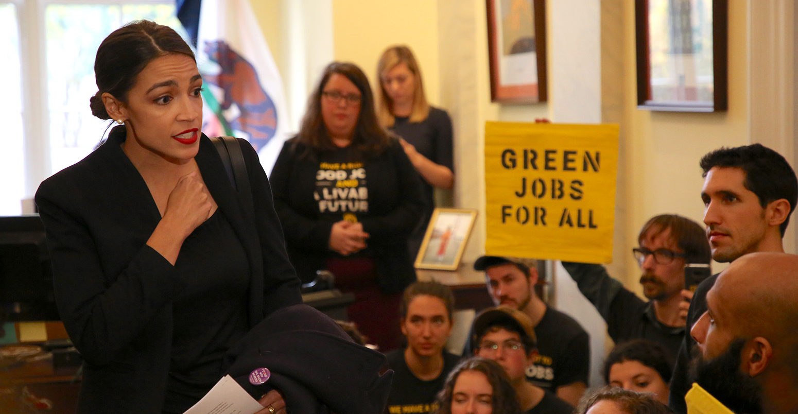 Alexandria Ocasio-Cortez speaks to activists with the Sunrise Movement, 13 November 2018. Credit: Sunrise Movement.