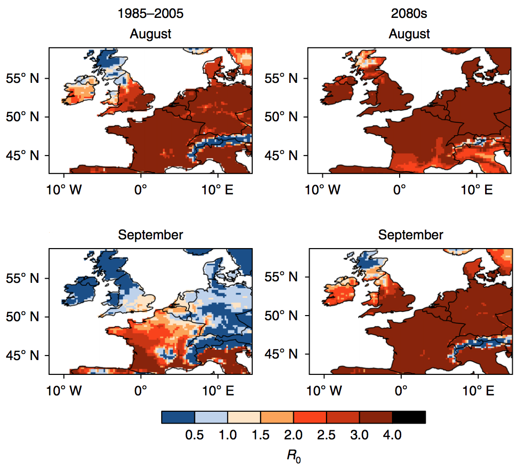 Four maps showing the basic reproduction ratio for disease transmission, “R0”, for current (left-hand maps) and future (right) climates, during August (top) and September (bottom). A ratio of greater than one indicates suitability for sustained bluetongue transmission. Source: Jones et al. (2019)